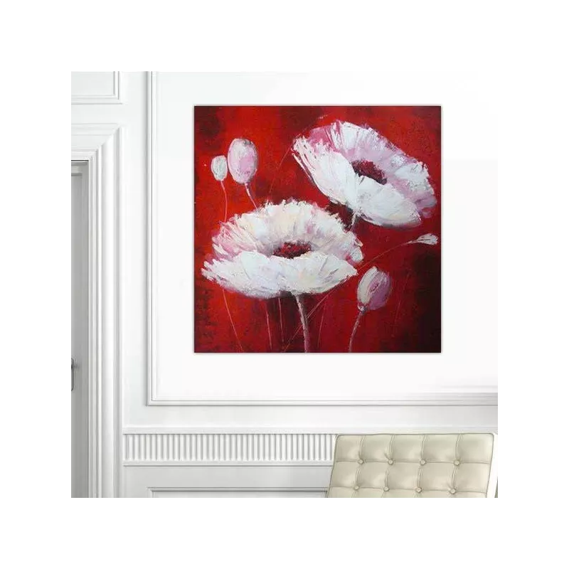 Pittura floreale, quadrato su sfondo rosso