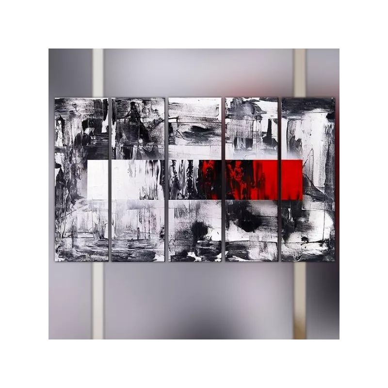 Polittico grafico a 5 pannelli in rosso, nero e bianco.