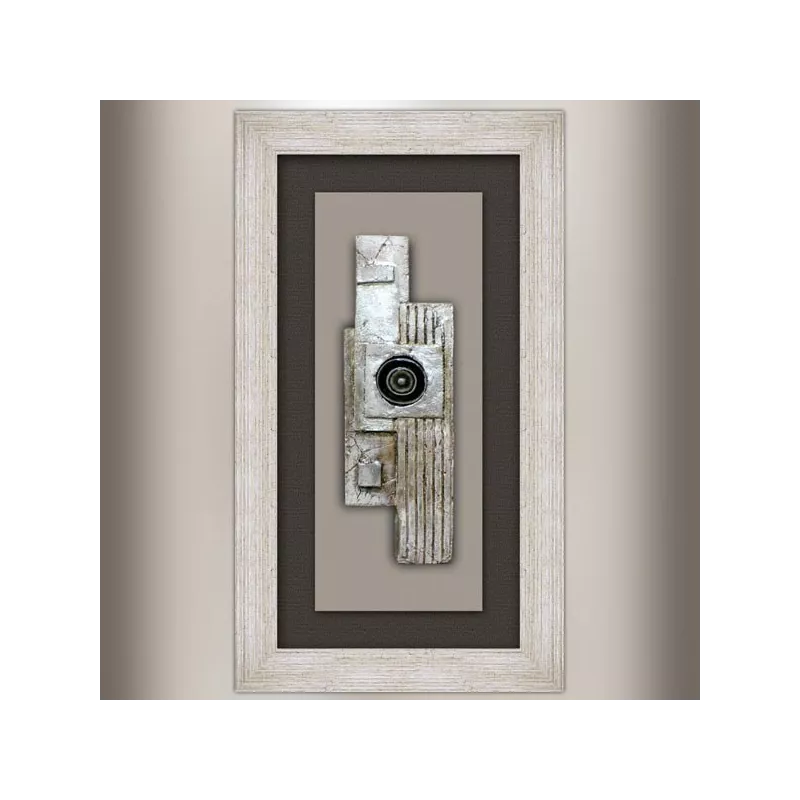Pittura di design, collage su legno e conchiglia oculare 70x40cm