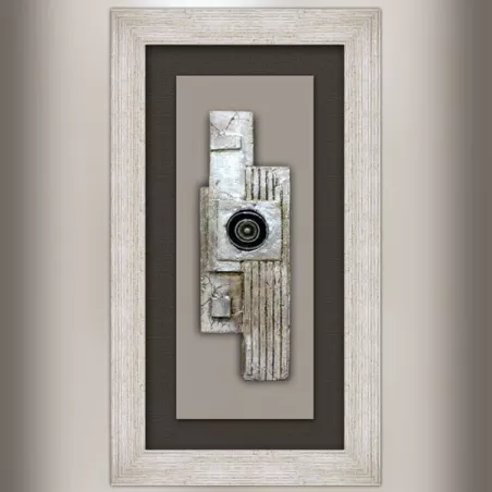 Pittura di design, collage su legno e conchiglia oculare 70x40cm