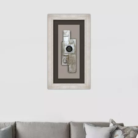 Pittura di design, collage su legno e conchiglia oculare 70x40cm